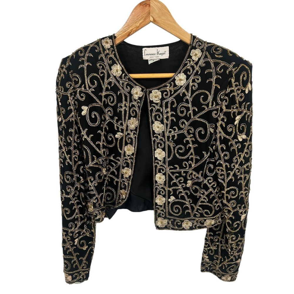 Laurence Kazar Black Silk Beaded Floral Jacket Blazer Women's Size M